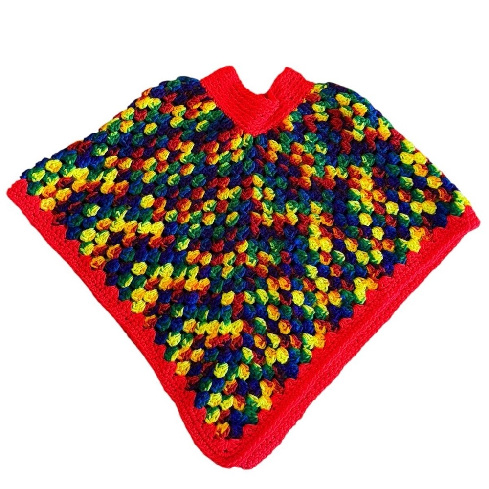 Vintage 70s Crochet Poncho Kids Rainbow Chunky Knit Boho Handmade Cape - Picture 8 of 10